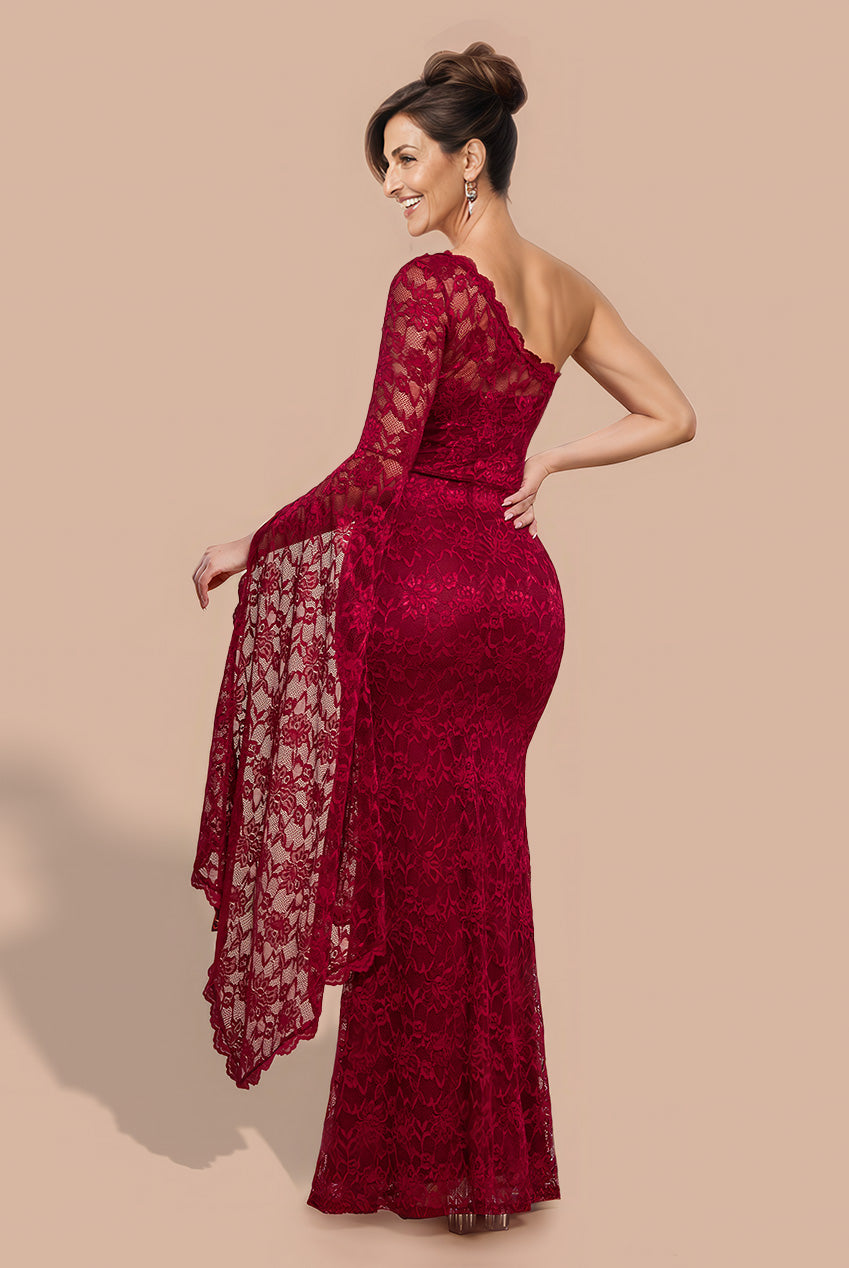 Goddiva One Shoulder Scalloped Neck Maxi Dress - Wine