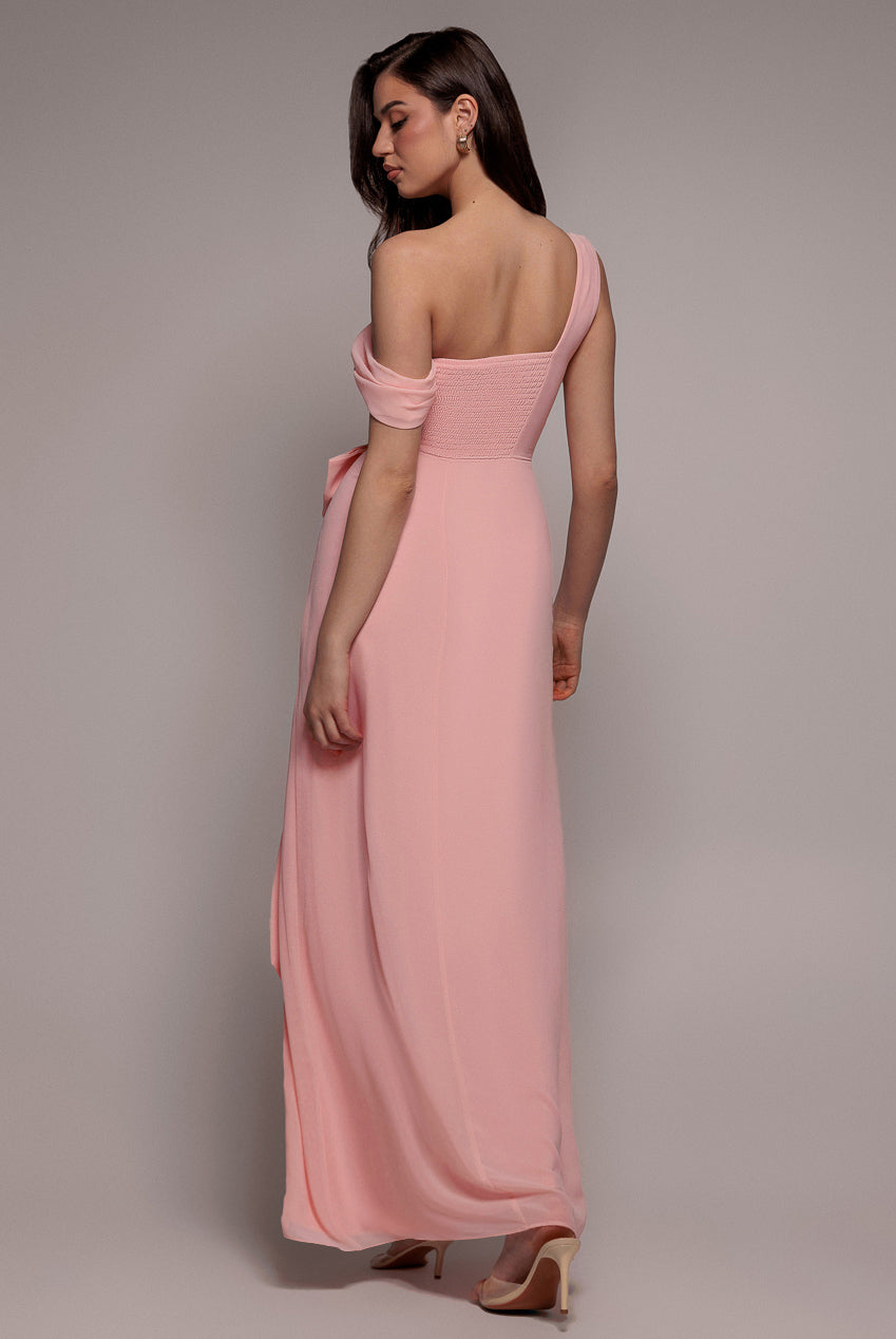 Goddiva One Shoulder Cowl With Bow Detail Maxi Dress - Blush Pink