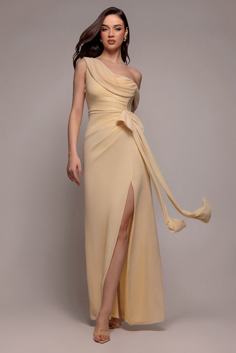 Goddiva One Shoulder Cowl With Bow Detail Maxi Dress - Butter Yellow