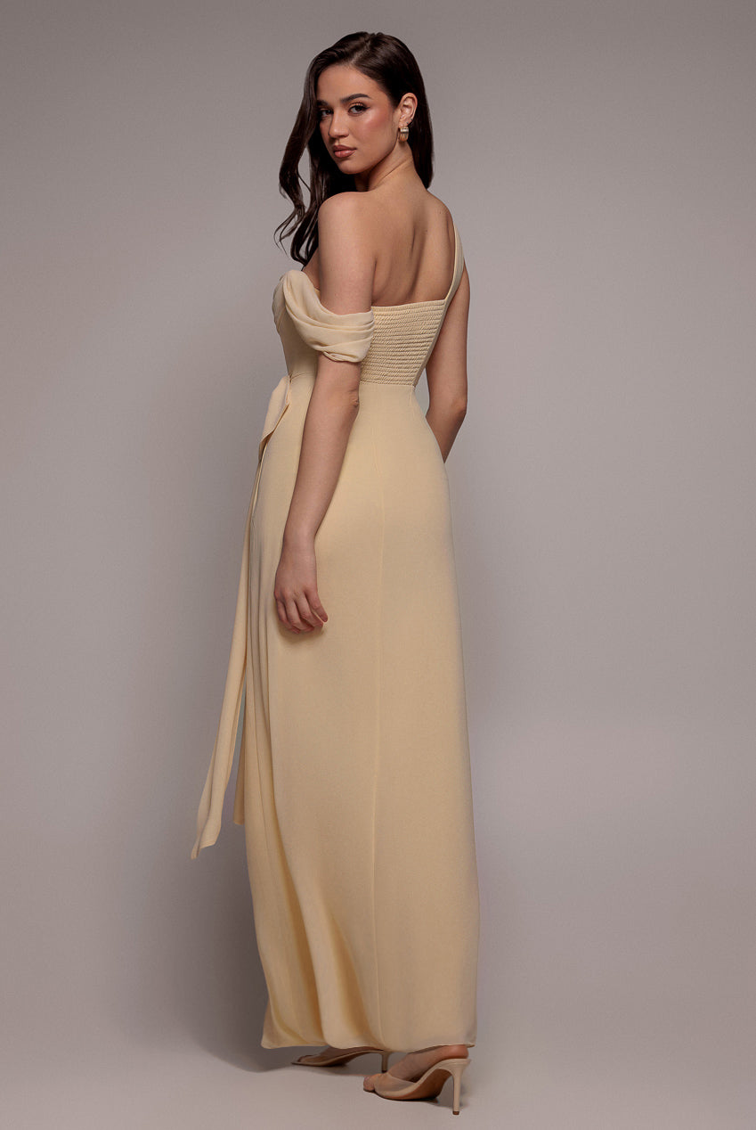 Goddiva One Shoulder Cowl With Bow Detail Maxi Dress - Butter Yellow