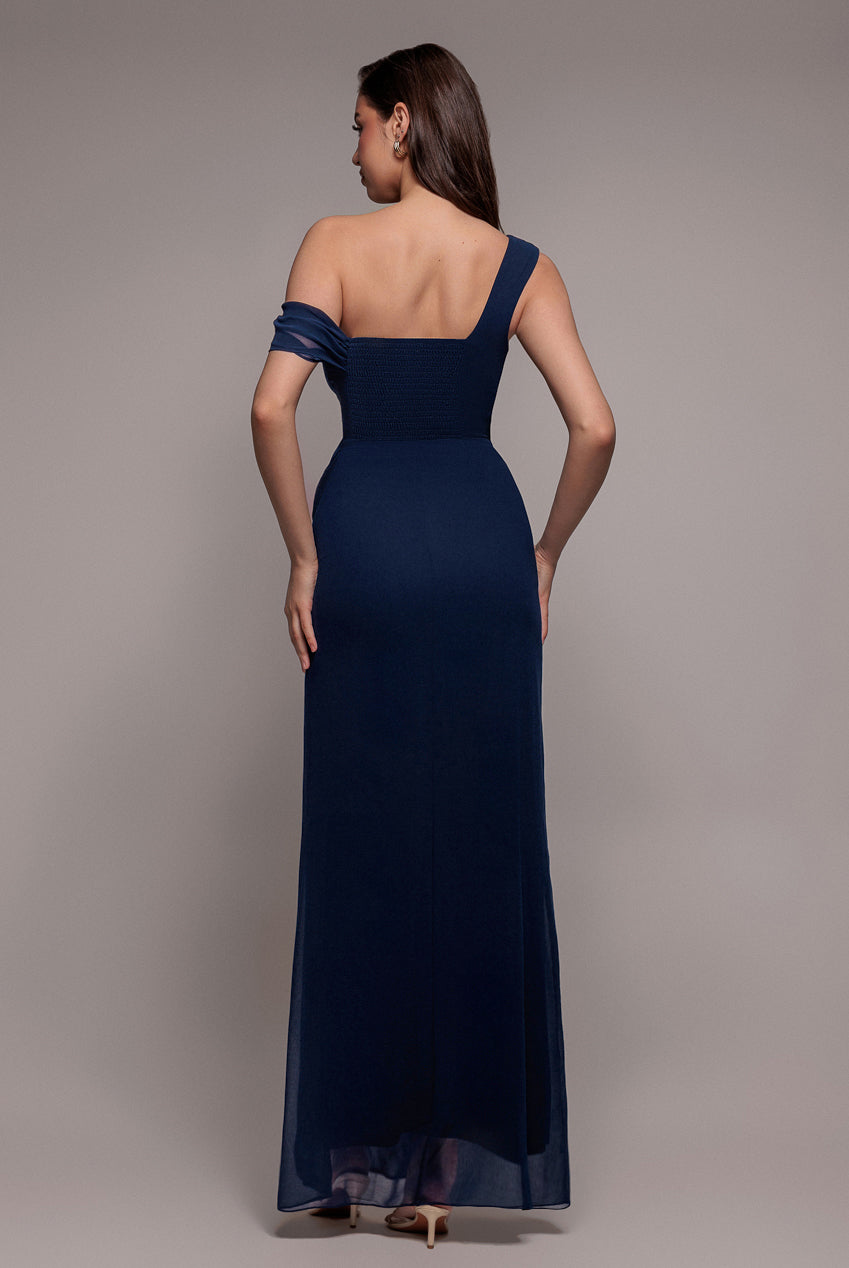 Goddiva One Shoulder Cowl With Bow Detail Maxi Dress - Navy Blue