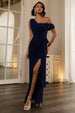 Goddiva One Shoulder Cowl With Bow Detail Maxi Dress - Navy Blue