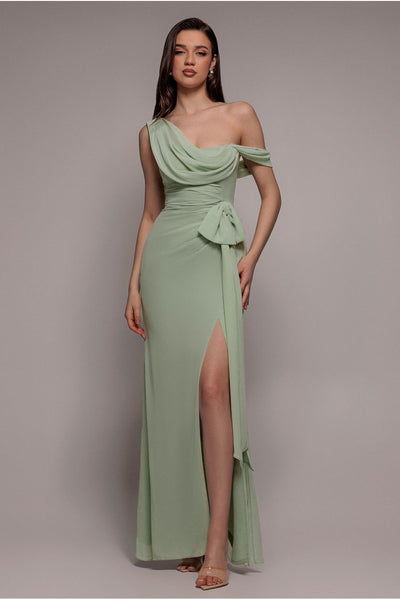 SageGreen - Goddiva One Shoulder Cowl With Bow Detail Maxi Dress - Sage Green