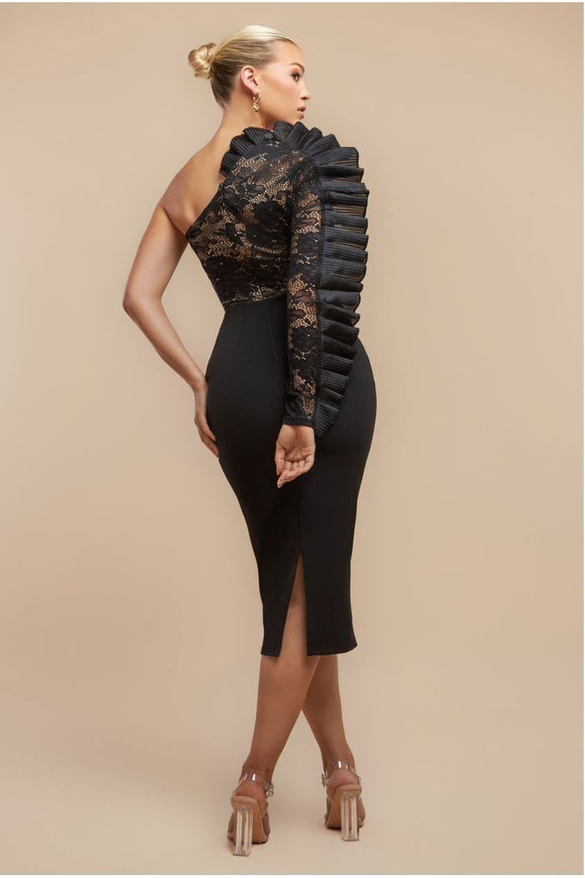 Goddiva One Shoulder Organza  Fan Detail Lace Bodice Midi Dress - Black