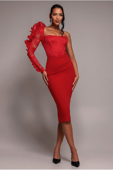 One Shoulder Organza Fan Detail Lace Bodice Midi Dress - Red | Goddiva US One Shoulder Organza Fan Detail Lace Bodice Midi Dress - Red | Goddiva US