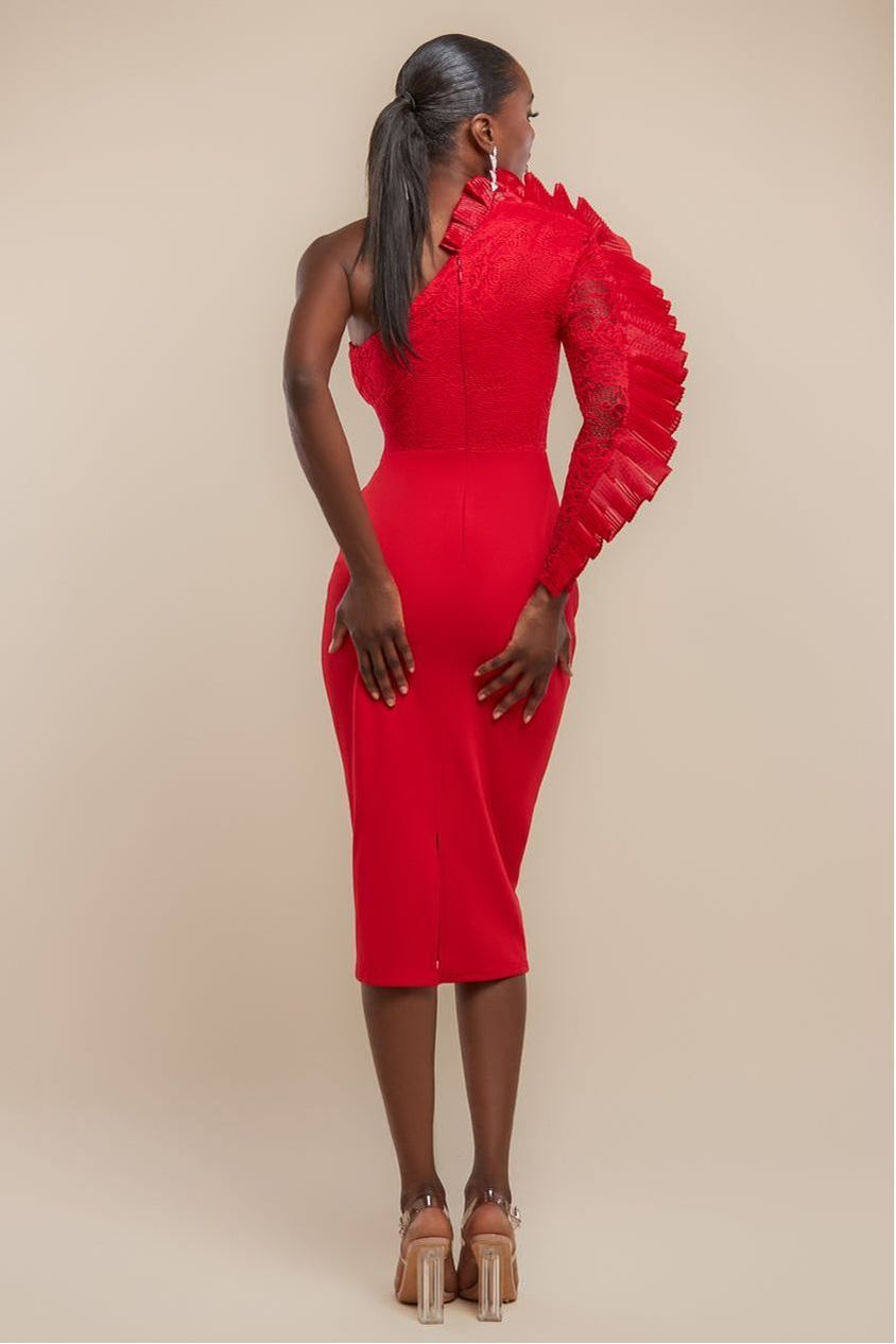 Goddiva One Shoulder Organza  Fan Detail Lace Bodice Midi Dress - Red