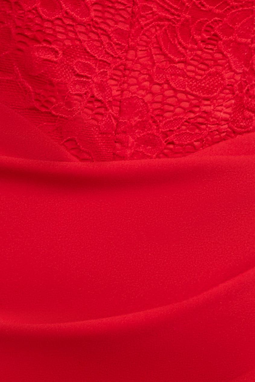 Goddiva One Shoulder Organza  Fan Detail Lace Bodice Midi Dress - Red