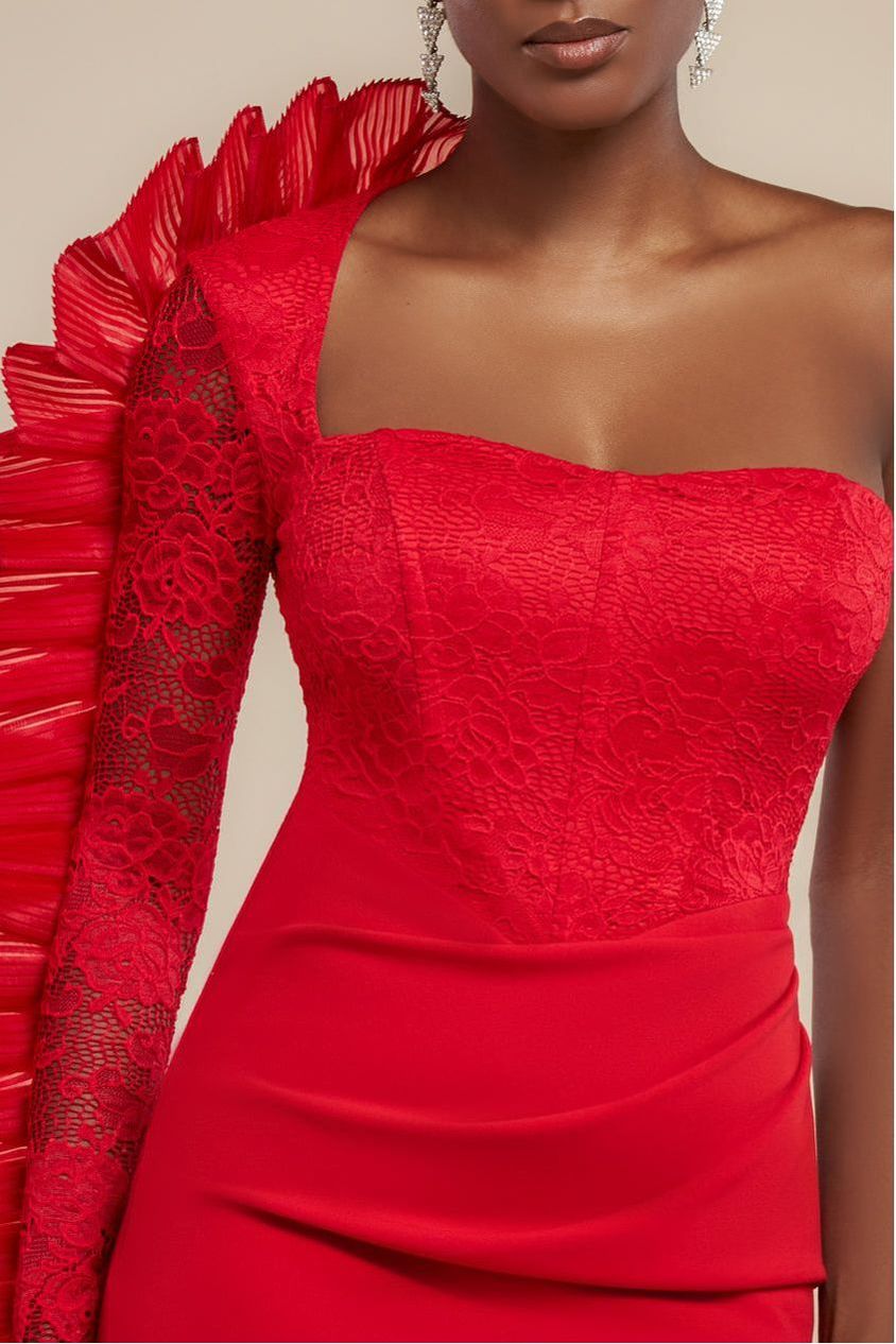 Goddiva One Shoulder Organza  Fan Detail Lace Bodice Midi Dress - Red