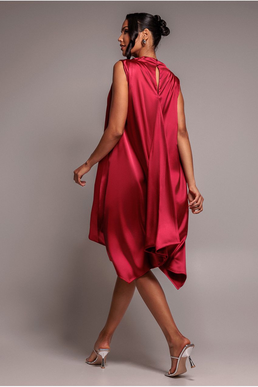 Goddiva Cowl Neck Back Wing Satin High Low Midi Dress - Berry