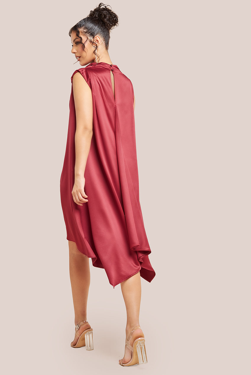 Goddiva Cowl Neck Back Wing Satin High Low Midi Dress - Berry