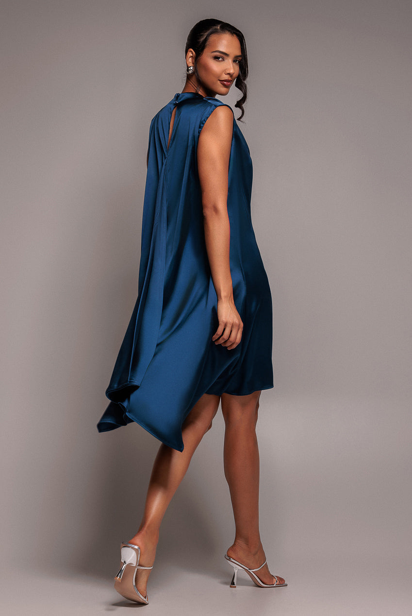 Goddiva Cowl Neck Back Wing Satin High Low Midi Dress - Navy Blue