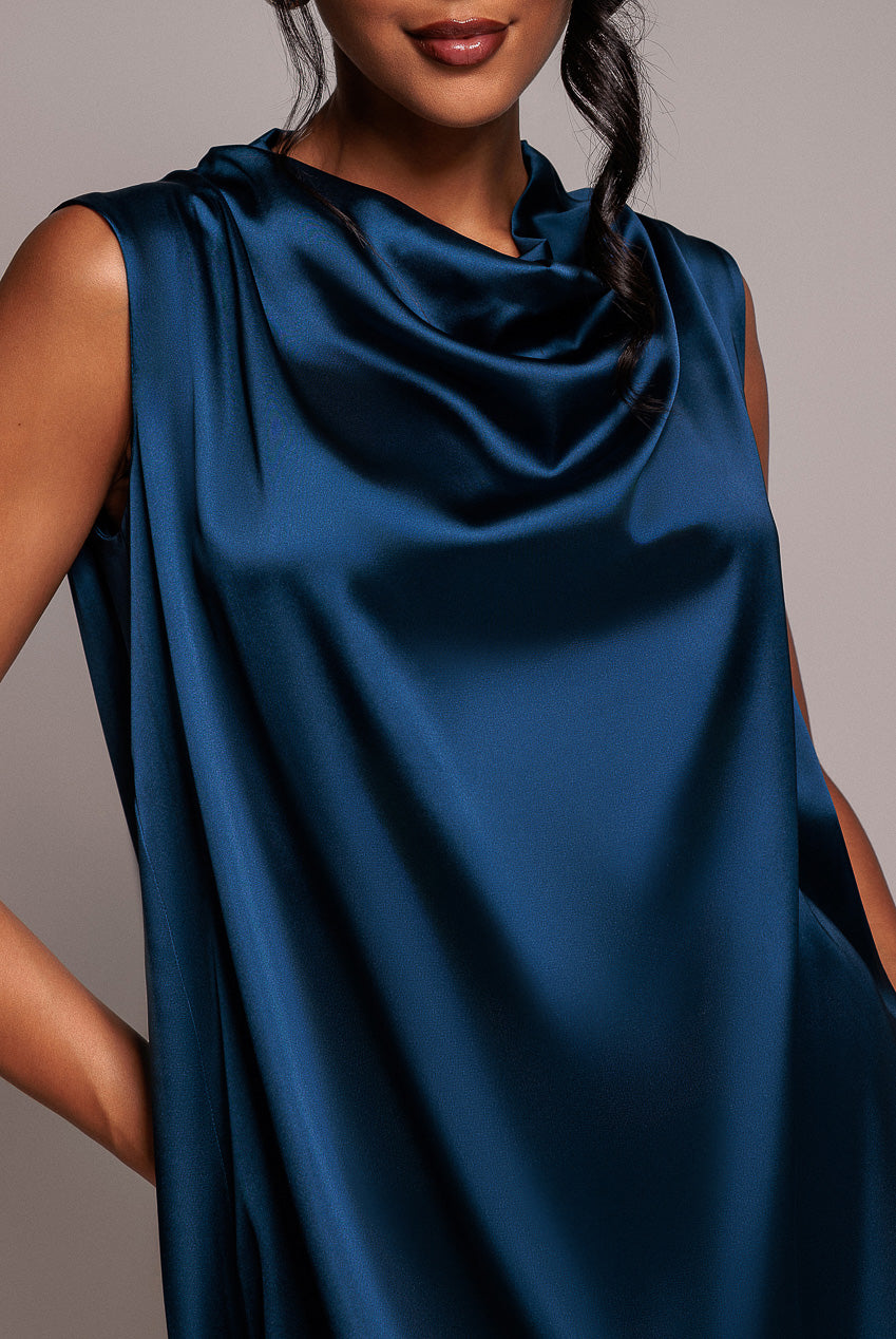 Goddiva Cowl Neck Back Wing Satin High Low Midi Dress - Navy Blue