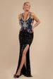 Goddiva Sequin Butterfly Front Split Maxi Dress - Black