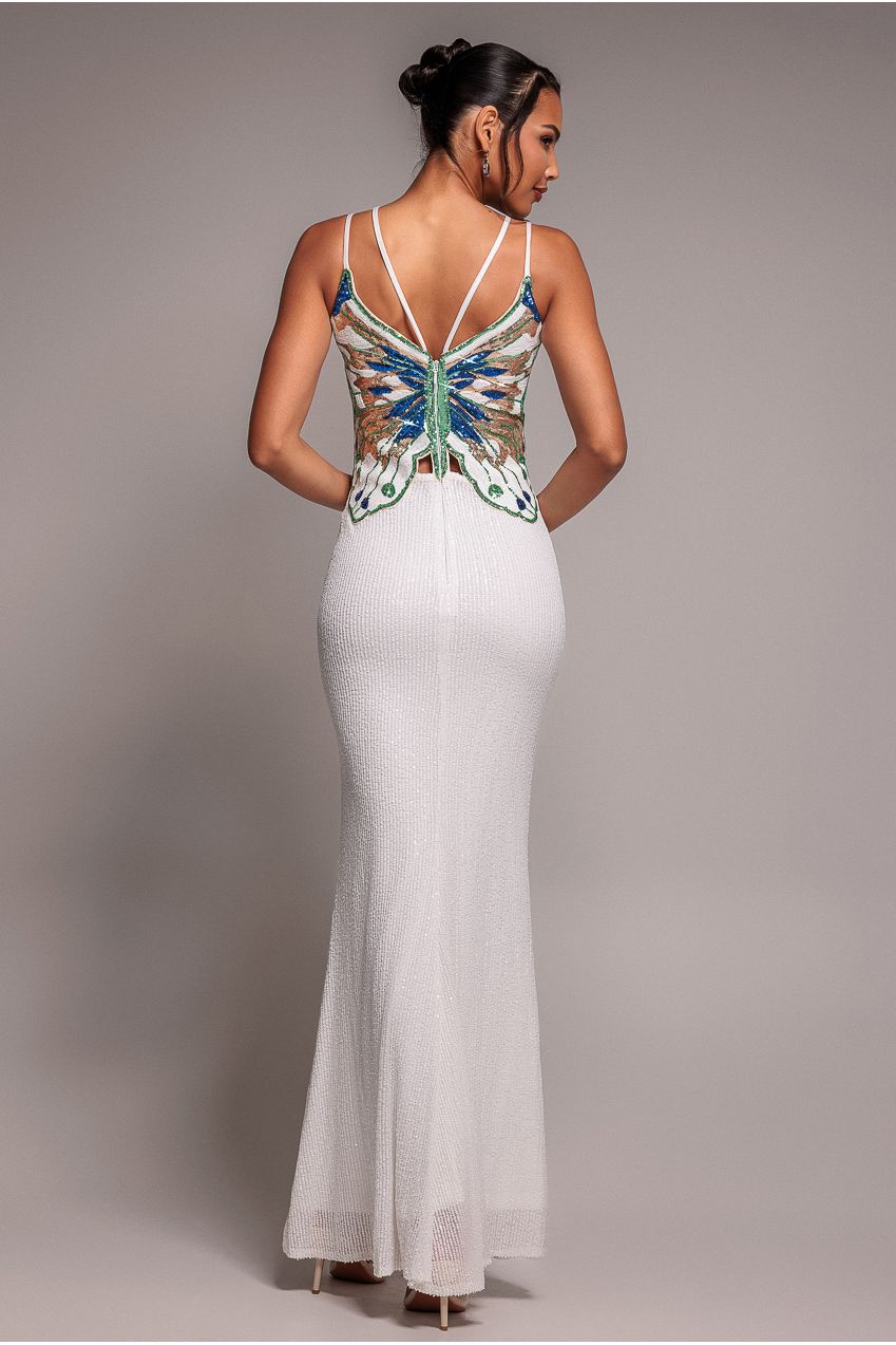 Goddiva Sequin Butterfly Front Split Maxi Dress - White