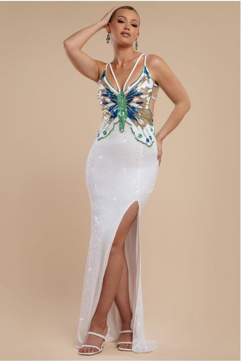 Goddiva Sequin Butterfly Front Split Maxi Dress - White