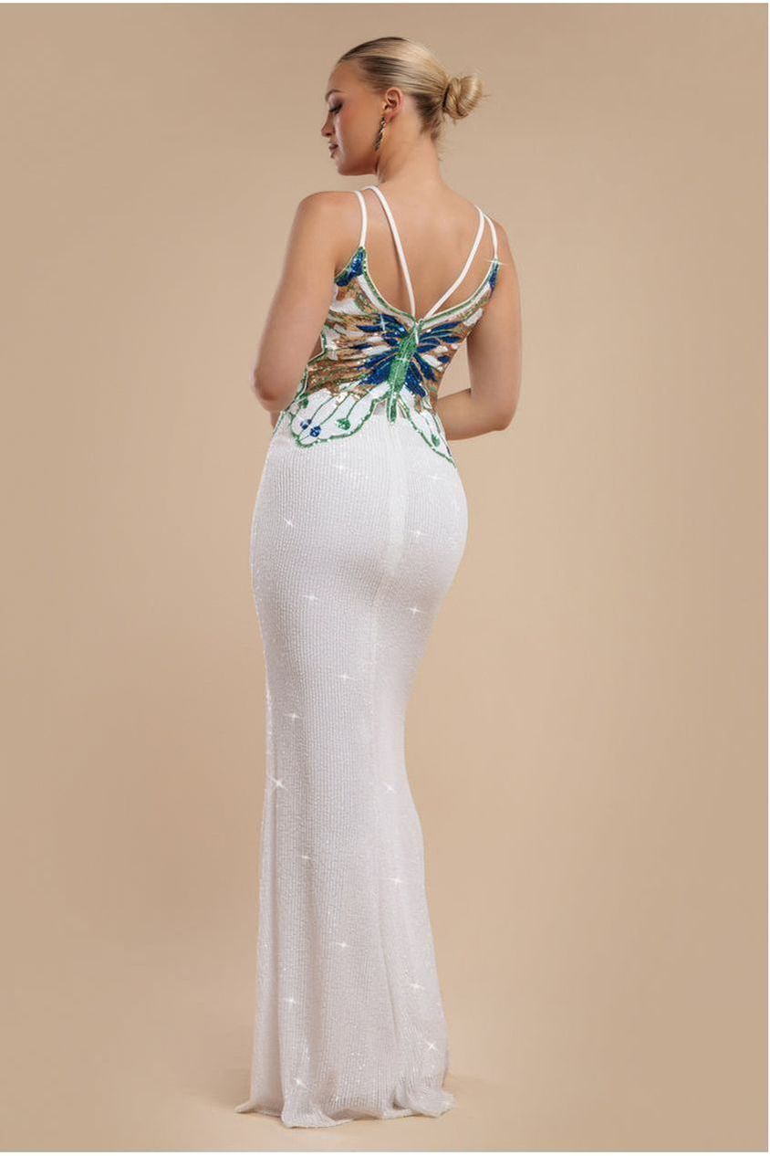Goddiva Sequin Butterfly Front Split Maxi Dress - White
