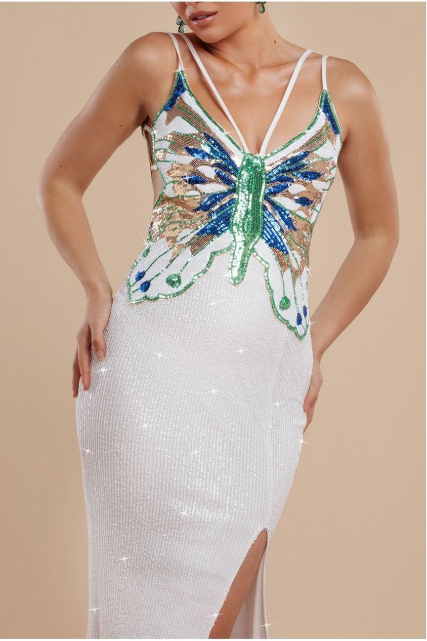 Goddiva Sequin Butterfly Front Split Maxi Dress - White