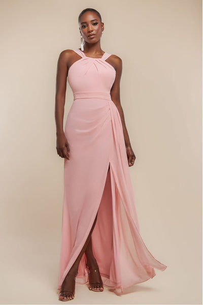 BlushPink - Goddiva Halterneck Thigh Split Chiffon Maxi Dress - Blush Pink