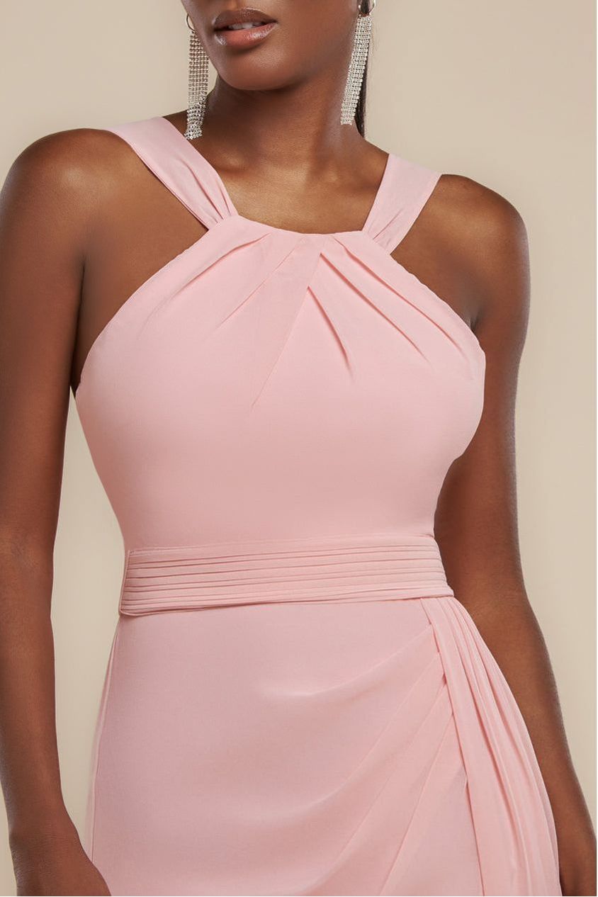 Goddiva Halterneck Thigh Split Chiffon Maxi Dress - Blush Pink