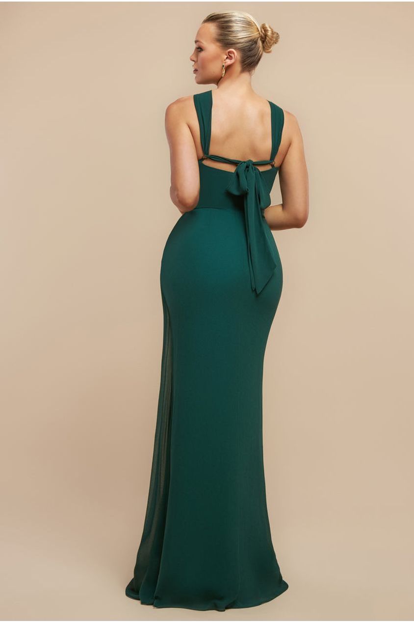 Goddiva Halterneck Thigh Split Chiffon Maxi Dress - Emerald Green