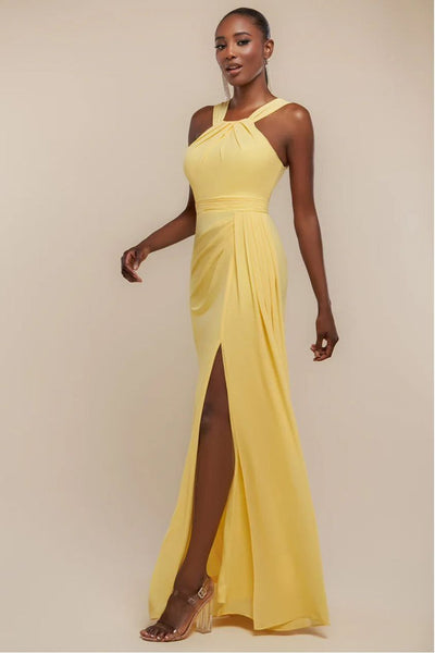 Halterneck Thigh Split Chiffon Maxi Dress - Lemon