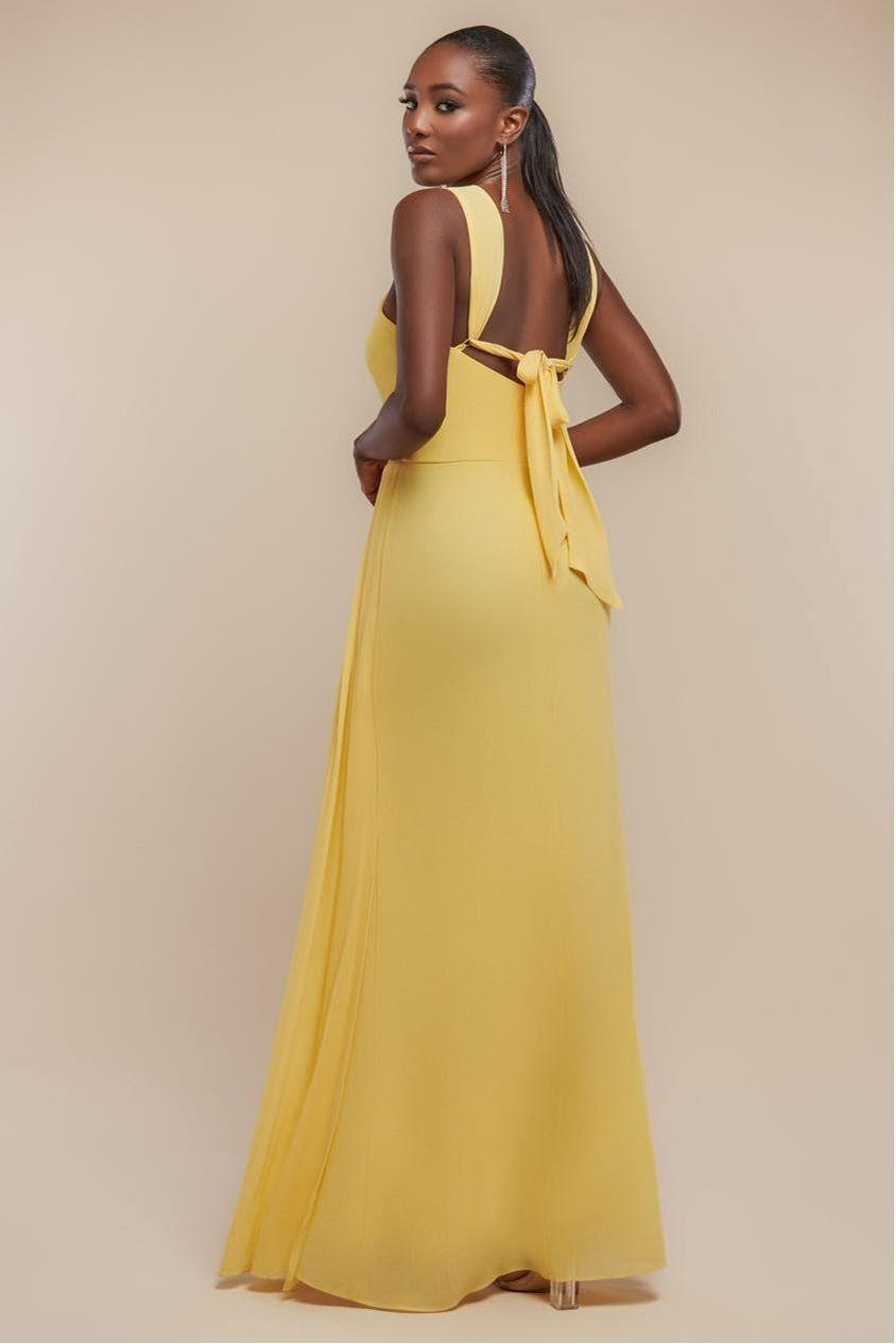 Goddiva Halterneck Thigh Split Chiffon Maxi Dress - Lemon