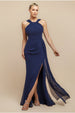 Goddiva Halterneck Thigh Split Chiffon Maxi Dress - Navy Blue