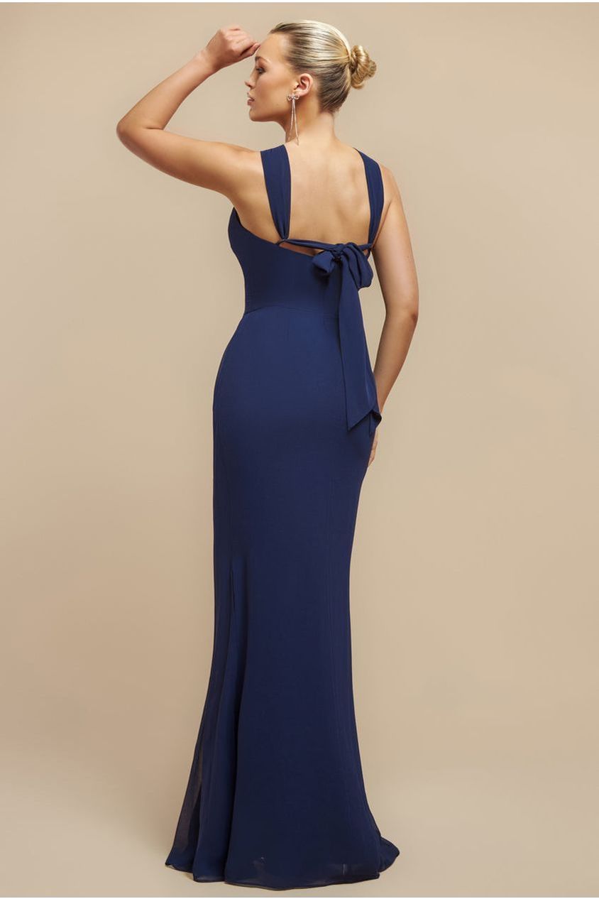 Goddiva Halterneck Thigh Split Chiffon Maxi Dress - Navy Blue