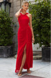 Goddiva Halterneck Thigh Split Chiffon Maxi Dress - Red