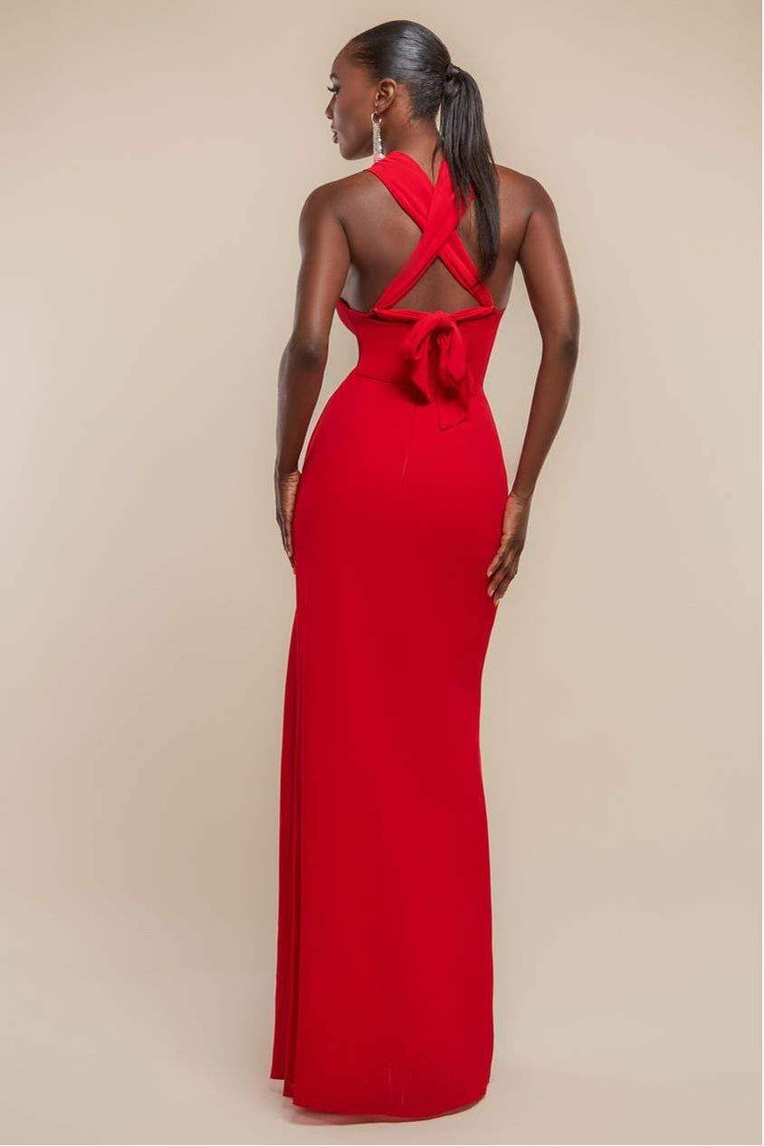 Goddiva Halterneck Thigh Split Chiffon Maxi Dress - Red