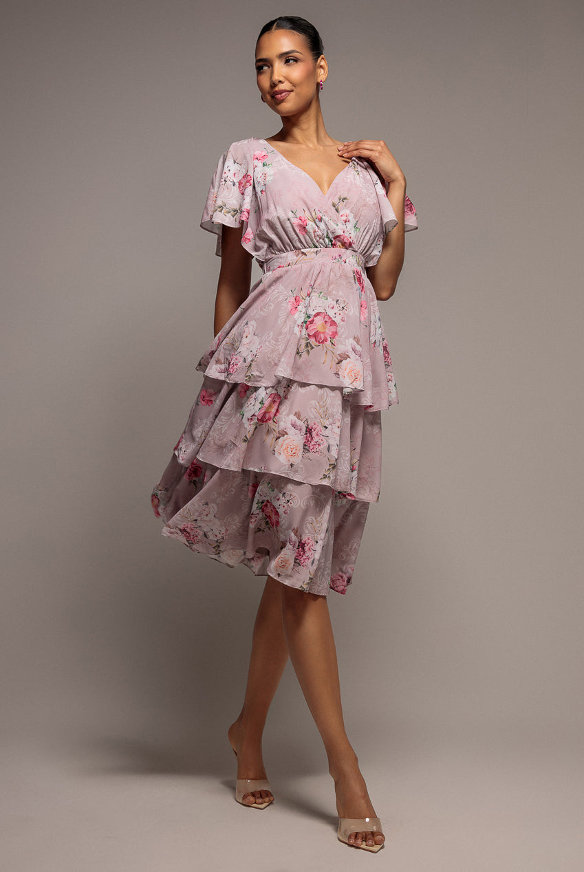 Goddiva Chiffon Tiered Midi Dress With Elasticated Waist - Blush Pink