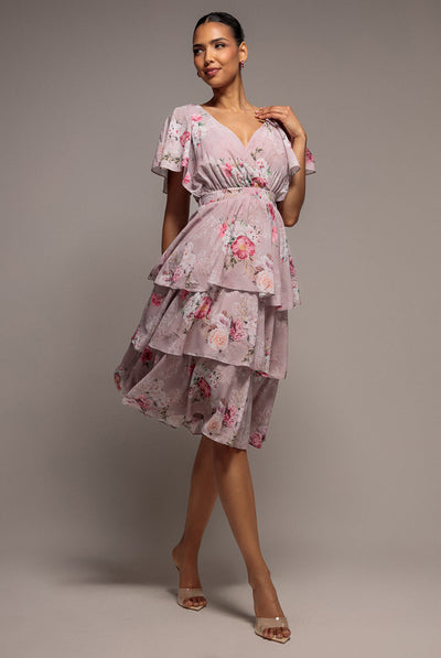 Blush - Goddiva Chiffon Tiered Midi Dress With Elasticated Waist - Blush Pink