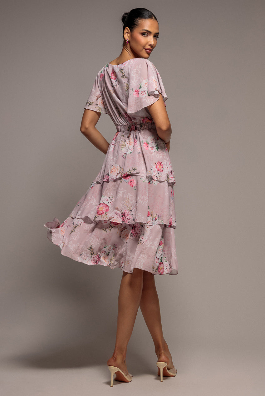 Goddiva Chiffon Tiered Midi Dress With Elasticated Waist - Blush Pink