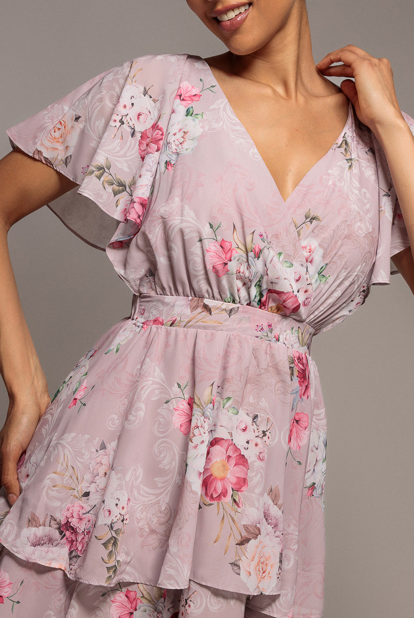Goddiva Chiffon Tiered Midi Dress With Elasticated Waist - Blush Pink