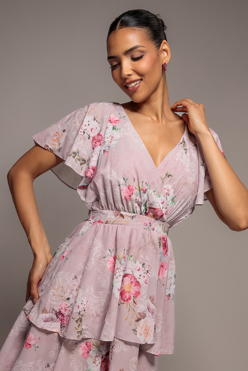 Goddiva Chiffon Tiered Midi Dress With Elasticated Waist - Blush Pink