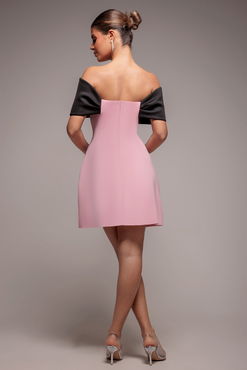 Goddiva Front Bow Off The Shoulder Mini Dress - Blush Black