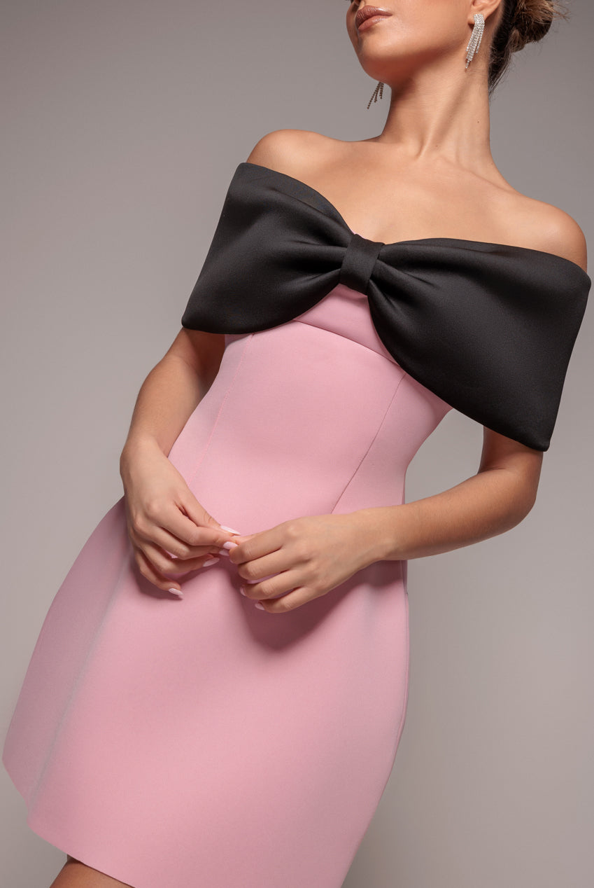 Goddiva Front Bow Off The Shoulder Mini Dress - Blush Black