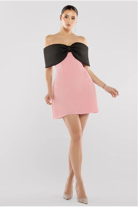 Goddiva Front Bow Off The Shoulder Mini Dress - Blush Black