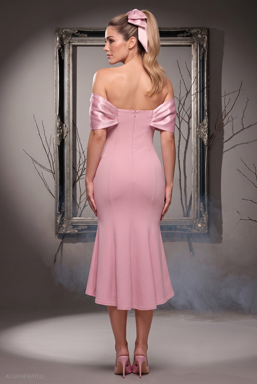 Goddiva Bardot Satin & Scuba Midi Pageant Princess Halloween Costume - Blush Pink