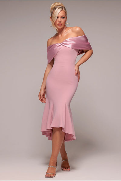 Blush - Goddiva Twist Knot Satin & Scuba Bardot High Low Midi Dress - Blush Pink