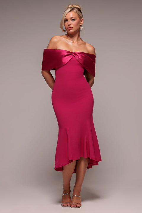 Goddiva Twist Knot Satin & Scuba Bardot High Low Midi Dress - Magenta
