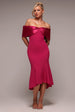 Goddiva Twist Knot Satin & Scuba Bardot High Low Midi Dress - Magenta