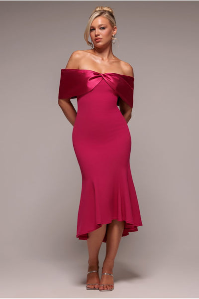 Magenta - Goddiva Twist Knot Satin & Scuba Bardot High Low Midi Dress - Magenta