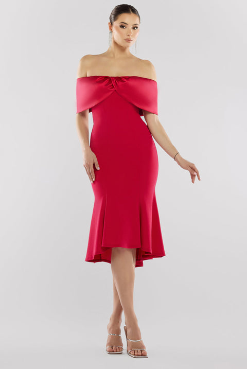 Goddiva Twist Knot Satin & Scuba Bardot High Low Midi Dress - Magenta