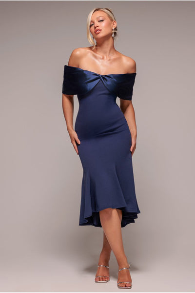Navy - Goddiva Twist Knot Satin & Scuba Bardot High Low Midi Dress - Navy Blue