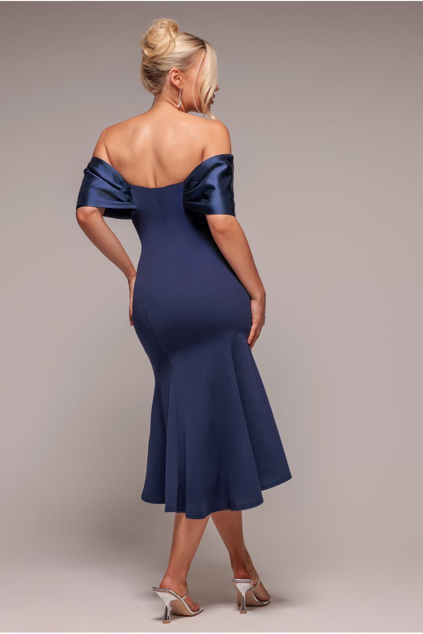 Goddiva Twist Knot Satin & Scuba Bardot High Low Midi Dress - Navy Blue