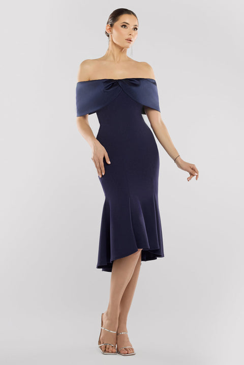 Goddiva Twist Knot Satin & Scuba Bardot High Low Midi Dress - Navy Blue