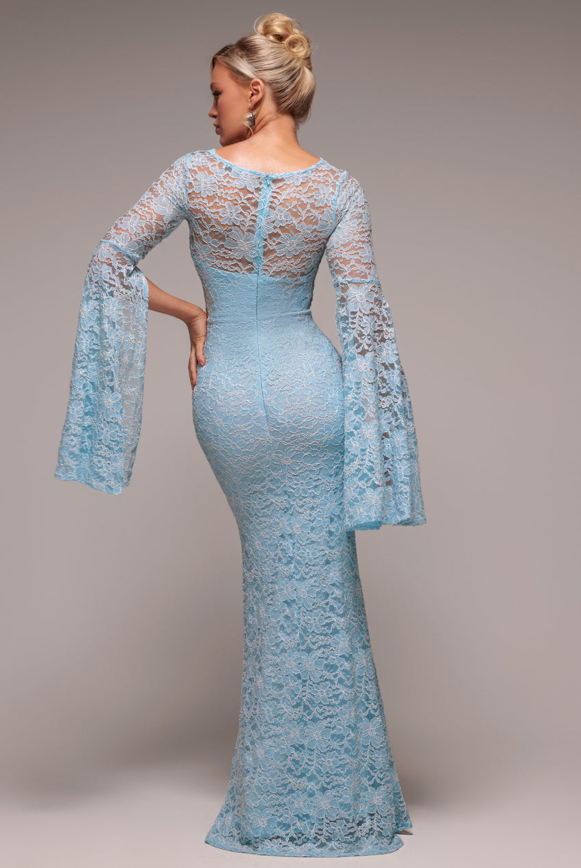Goddiva Cape Sleeve Lace Mermaid Hem Maxi Dress - Sky Blue
