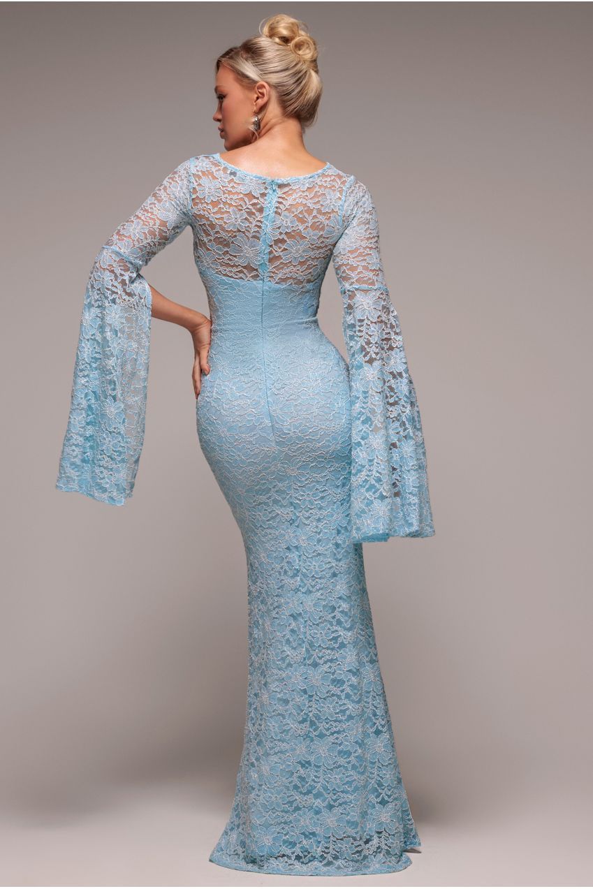 Goddiva Cape Sleeve Lace Mermaid Hem Maxi Dress - Sky Blue