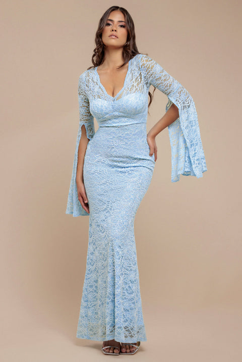 Goddiva Cape Sleeve Lace Mermaid Hem Maxi Dress - Sky Blue